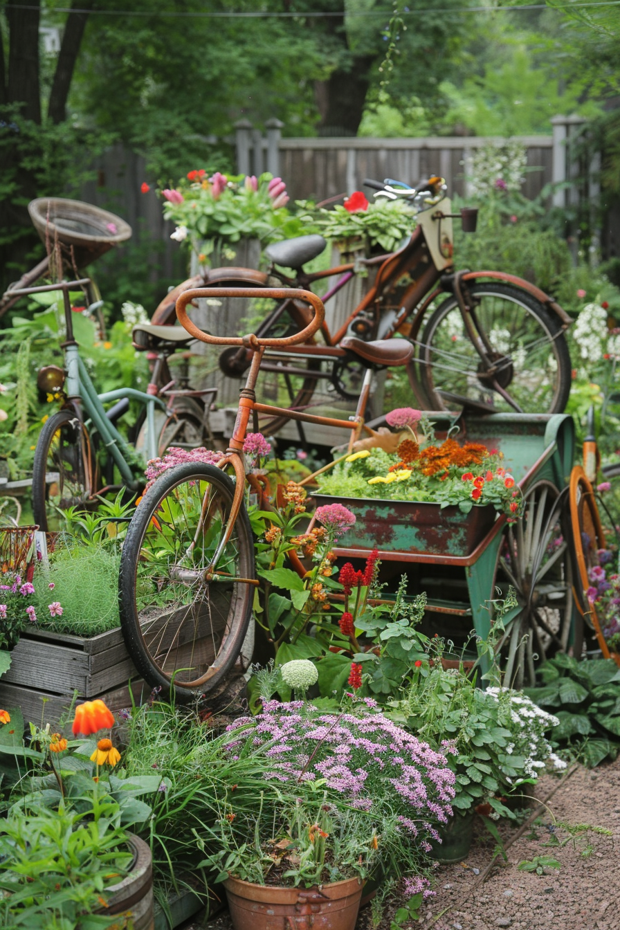 Vintage bicycles amidst vibrant flowers in a lush garden setting.