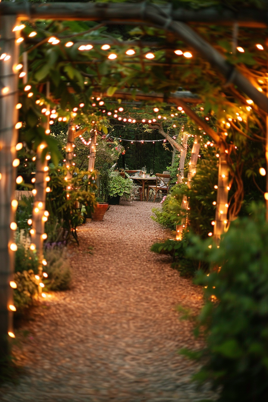 A cozy garden pathway lined with glowing string lights leading to an inviting dining area surrounded by greenery.