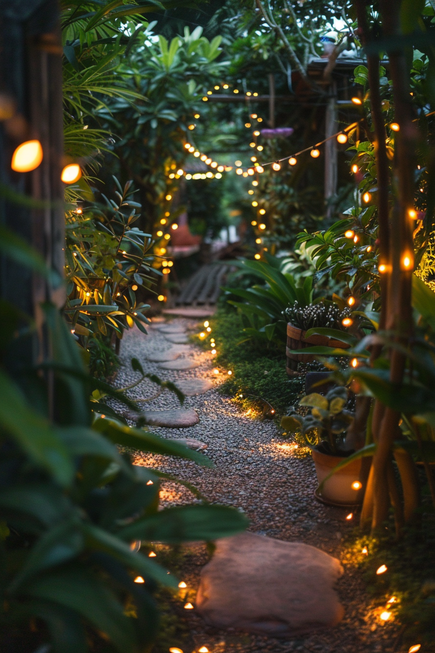 A tranquil garden path lined with warm fairy lights, stepping stones, and lush green plants in the evening.