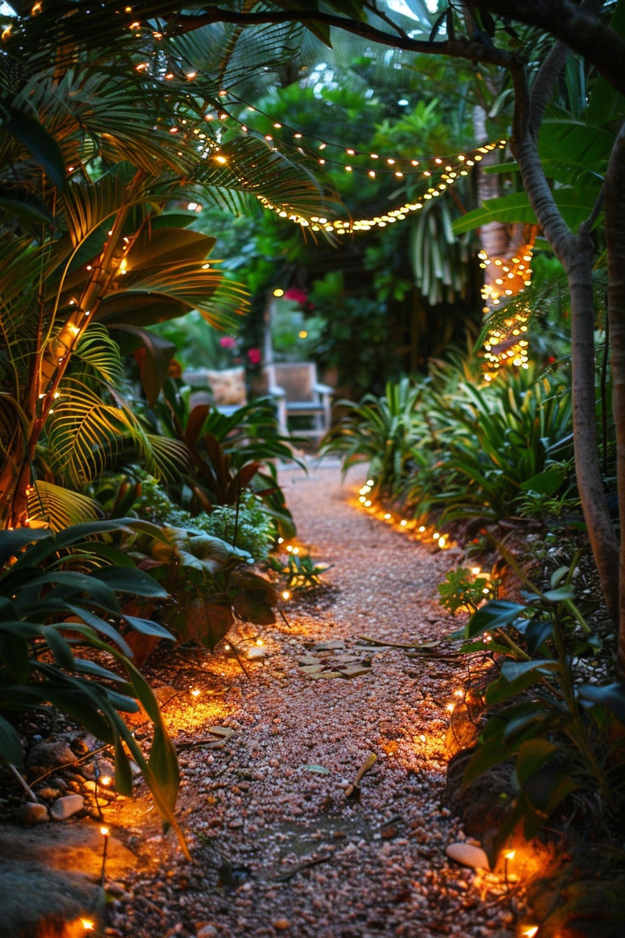 A serene garden path lined with twinkling fairy lights amidst lush greenery at dusk.