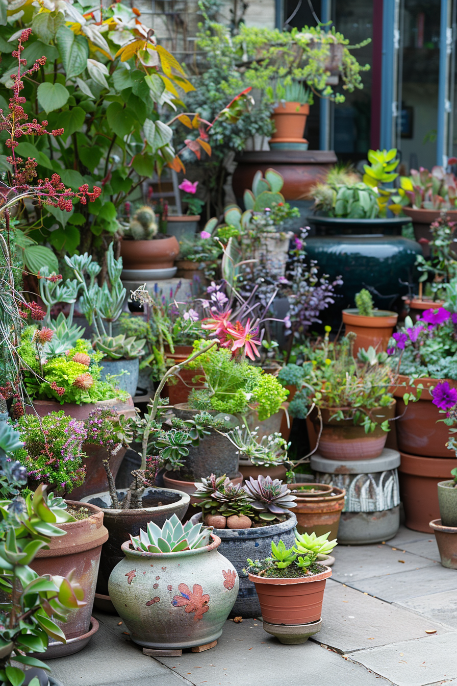 A variety of potted plants and succulents arranged outdoors on a patio.