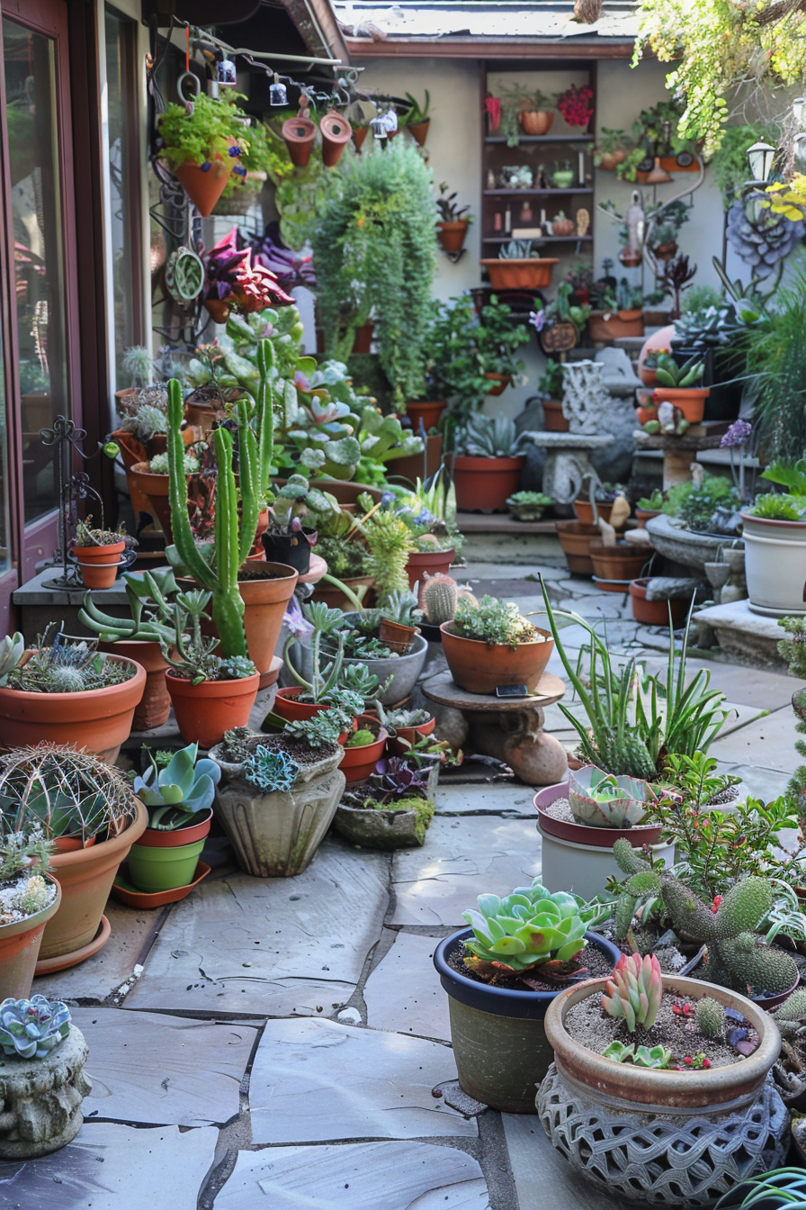 A lush garden patio filled with an array of potted succulents and cacti of various shapes and sizes.