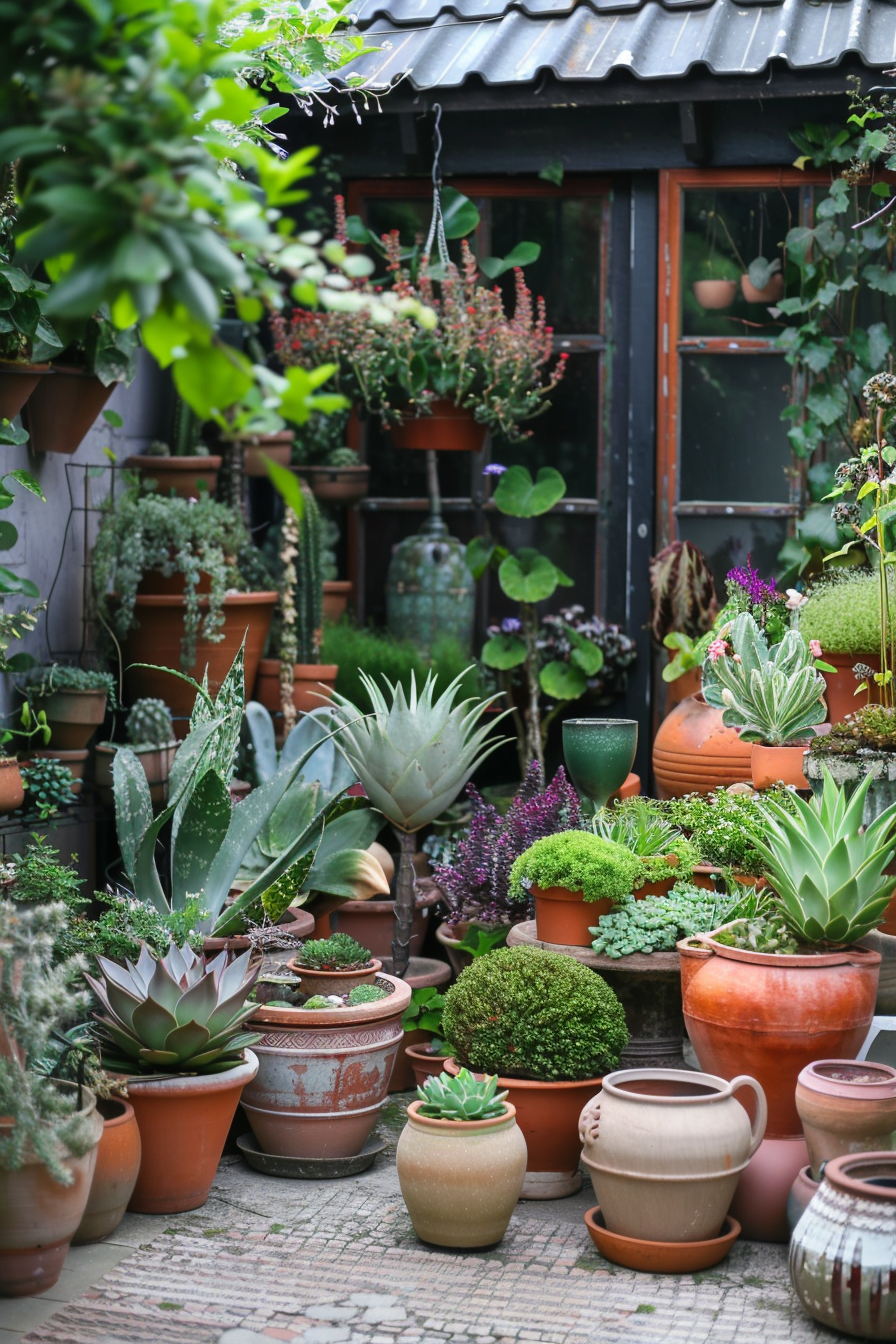 A lush garden patio filled with assorted potted plants and succulents in a serene setting.