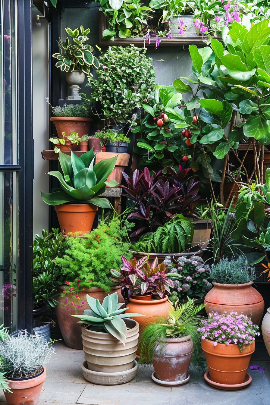 ALT text: A variety of potted plants with lush foliage in different sizes and colors arranged on a patio, creating a vibrant urban garden.