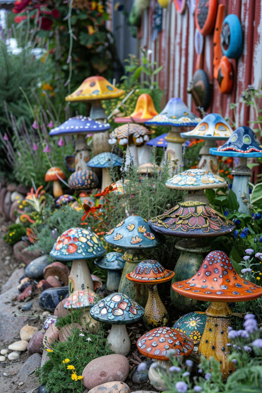A colorful garden display of whimsical ceramic mushrooms with intricate patterns, surrounded by assorted plants and stones.