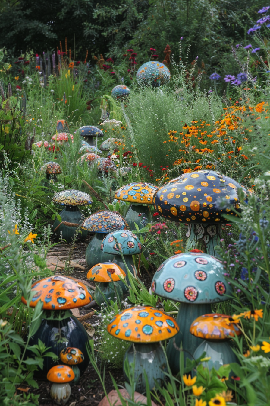 Colorful ceramic mushrooms among a vibrant garden with various flowers in full bloom.