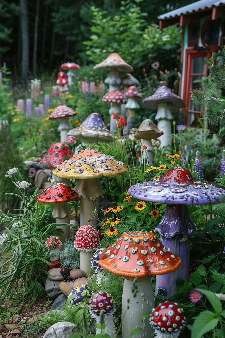 Garden with a whimsical display of colorful, ceramic mushrooms amid green plants and wildflowers next to a small wooden structure.