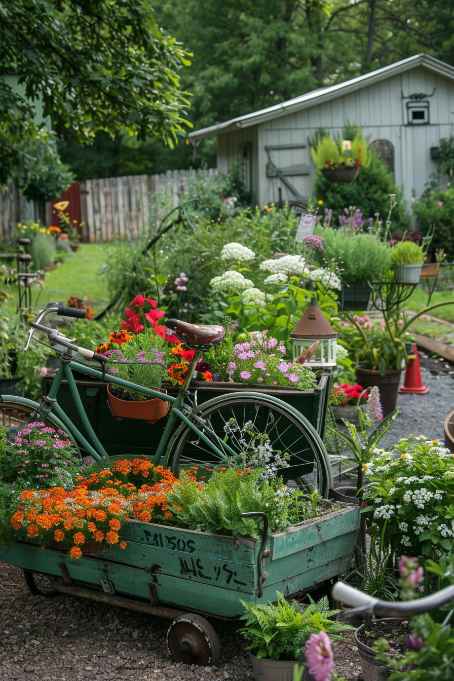 ALT text: A charming garden scene with a vintage green bicycle repurposed as a planter, overflowing with colorful blooms, amidst lush greenery.