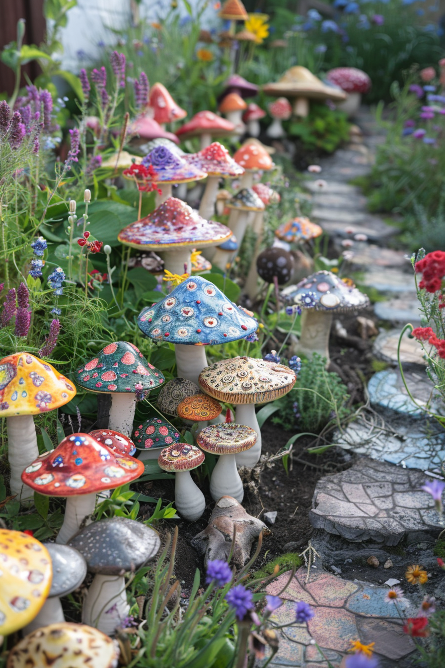 A whimsical garden path lined with colorful, hand-painted ceramic mushrooms among vibrant flowers and foliage.