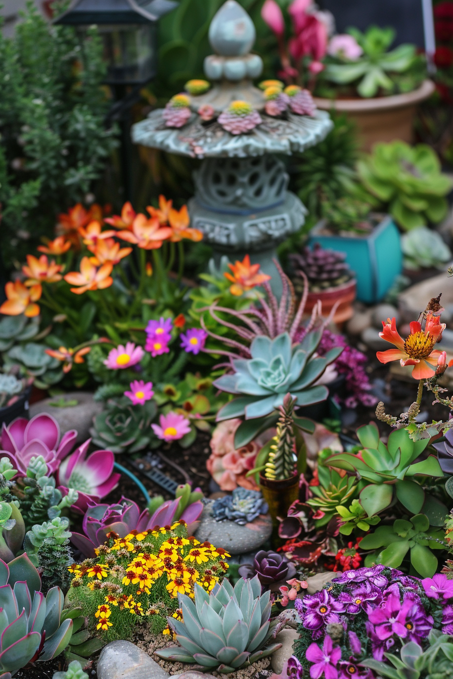 ALT text: A vibrant garden scene with a mix of succulents and bright flowers surrounding a decorative garden lantern.