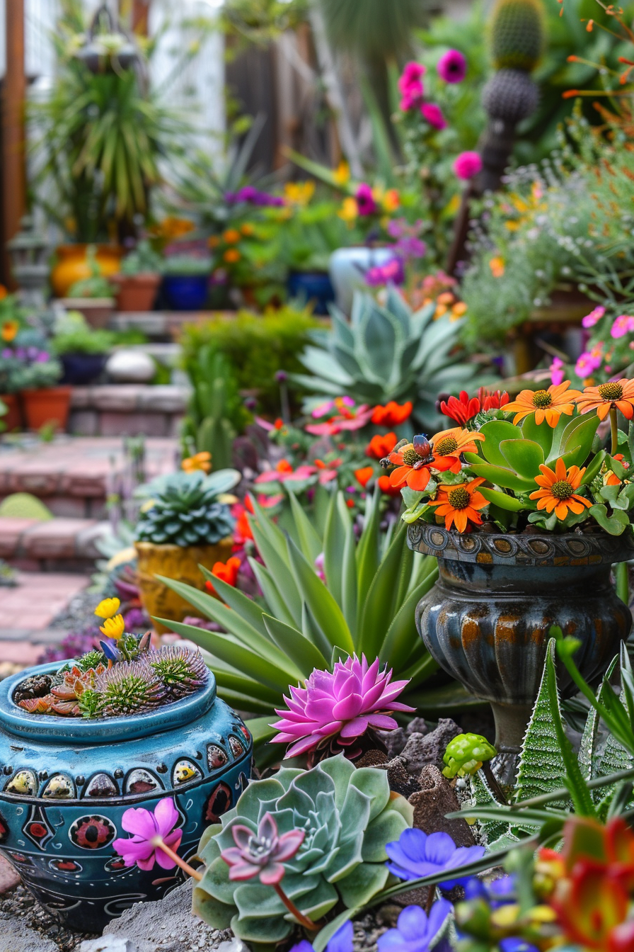 Vibrant garden with various succulents and colorful flowers in decorative pots and planters.