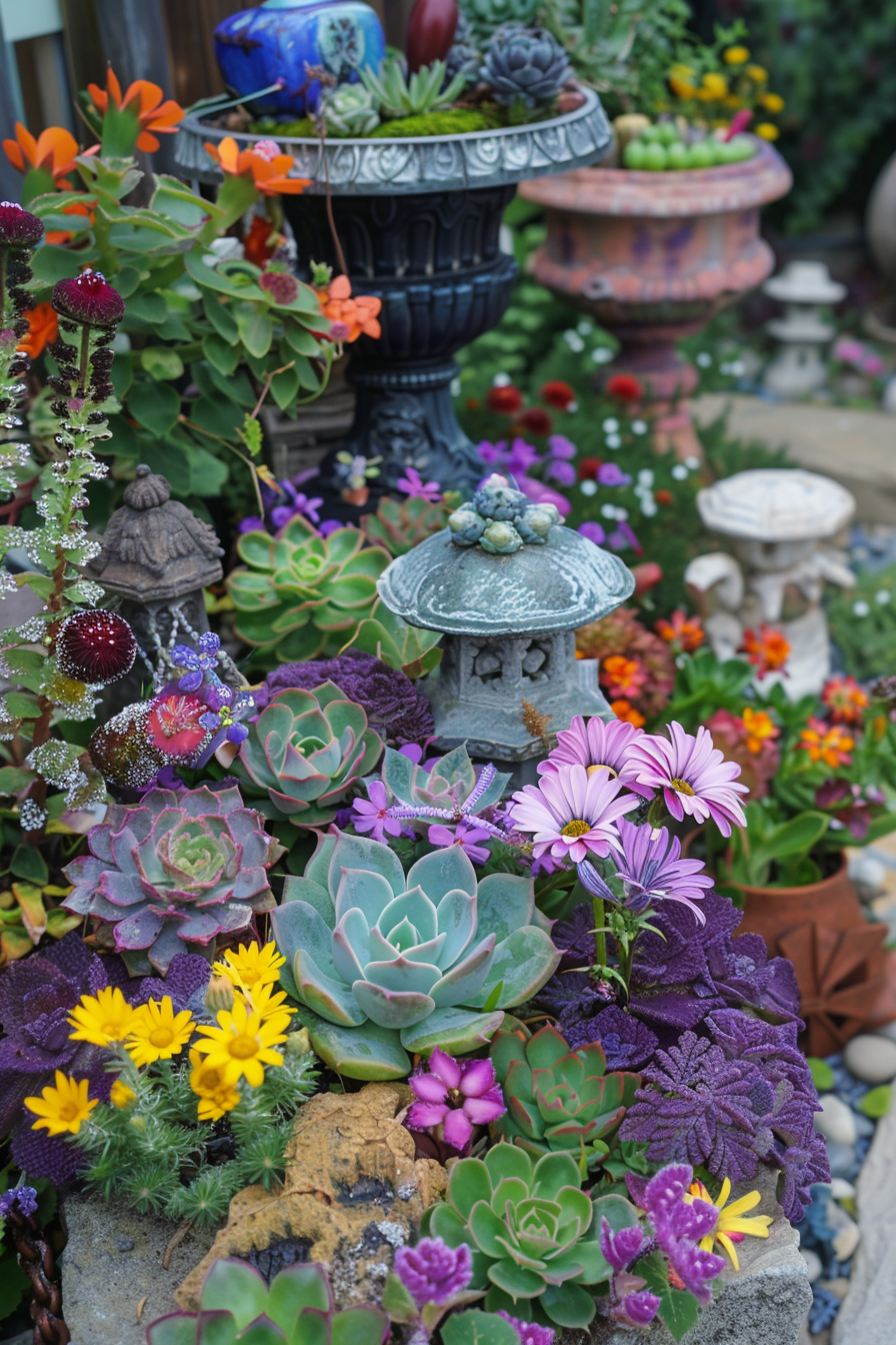 ALT: A variety of colorful succulents and flowers arranged artfully in a collection of garden pots and planters.
