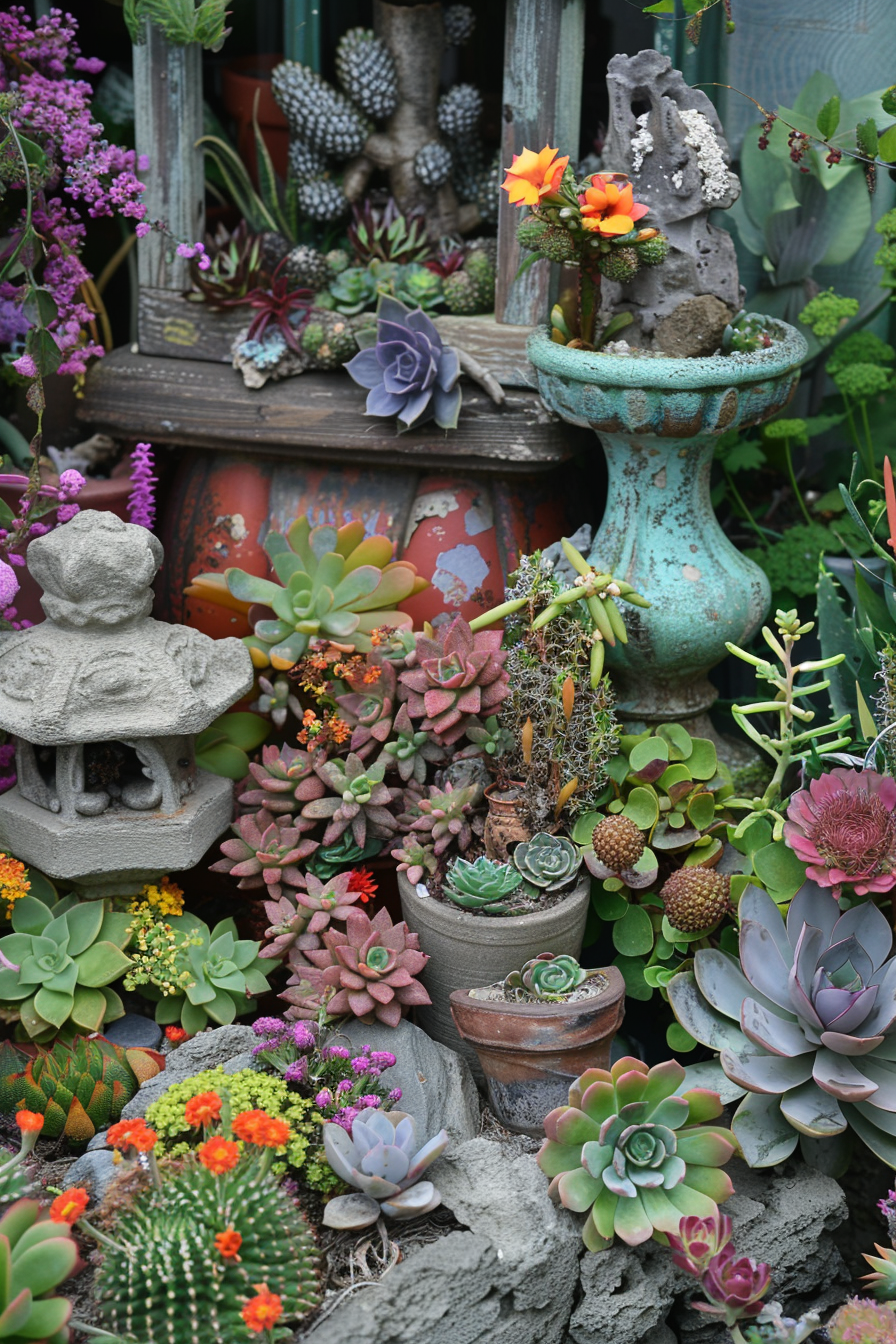ALT: A lush arrangement of various succulents and cacti with colorful blooms in an eclectic mix of pots and planters.