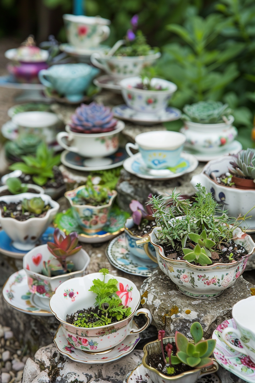 Variety of succulents and plants potted in an assortment of decorative teacups and pots on an outdoor table.