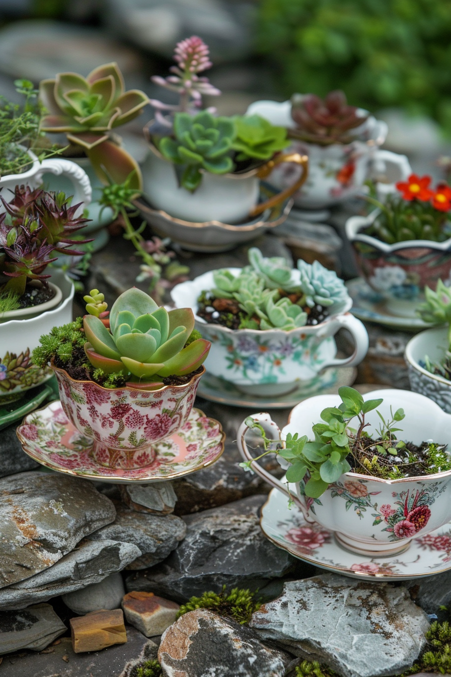 Vintage teacups repurposed as planters for various succulents, set atop a rocky surface amidst moss.