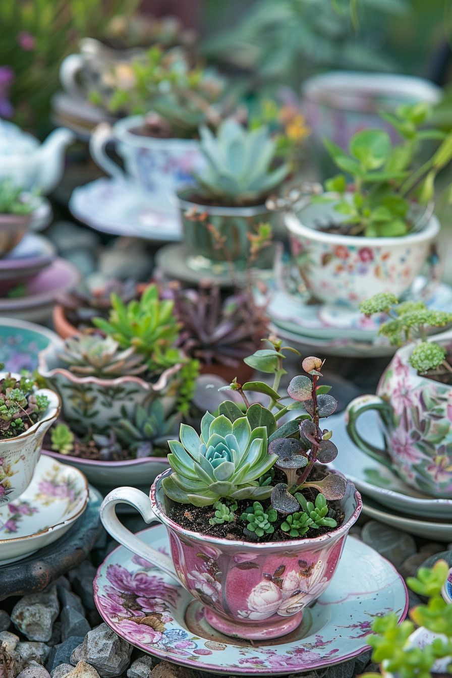 ALT Text: "Various succulent plants potted in vintage floral teacups and saucers arranged decoratively on a garden table."