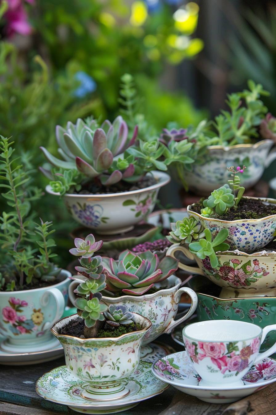 A collection of succulent plants arranged in various vintage, floral-patterned teacups and saucers on a wooden surface.