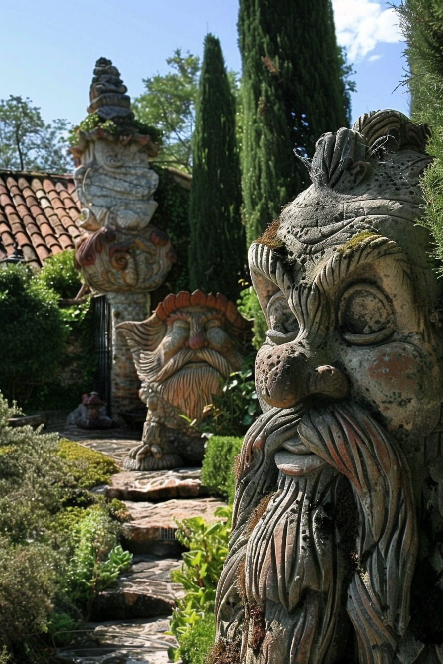 ALT: A serene garden pathway with whimsical stone sculptures resembling mythical beings among lush greenery and tall cypress trees.