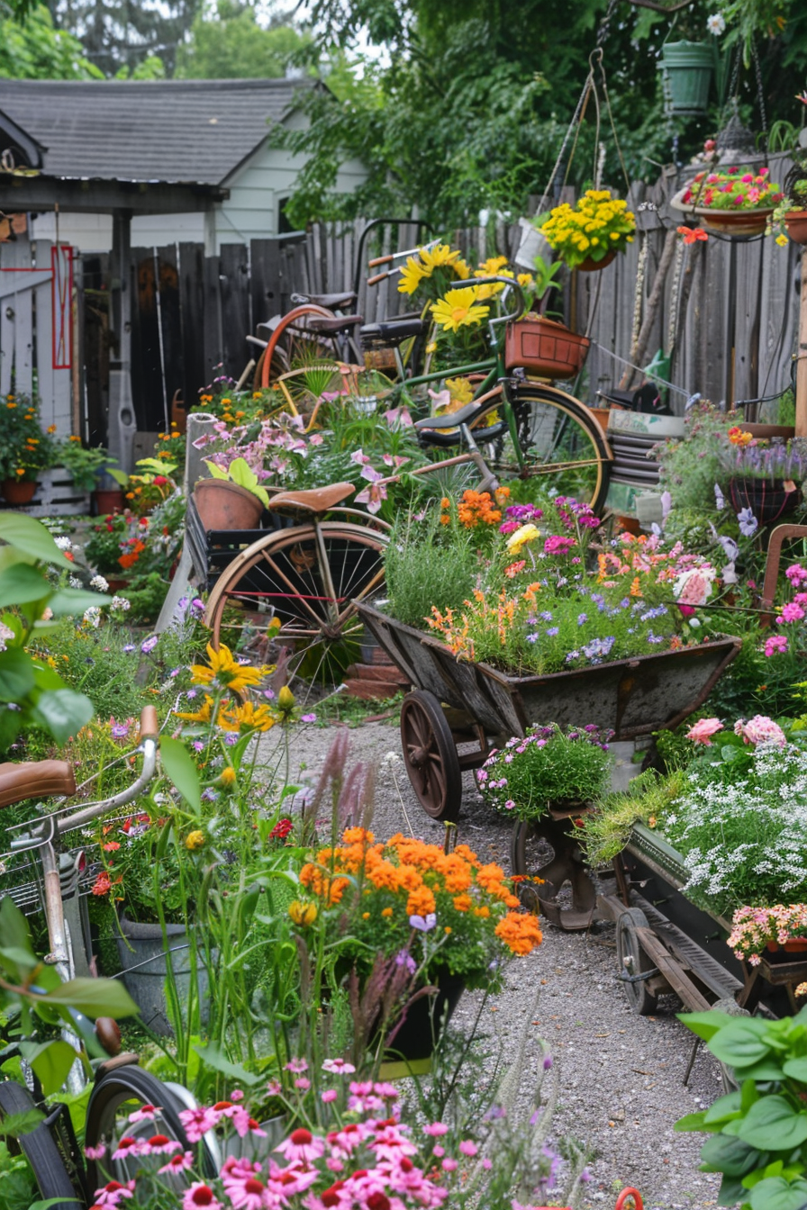 A rustic garden pathway lined with colorful flowers planted in vintage bicycles and wheelbarrows with a shed in the background.