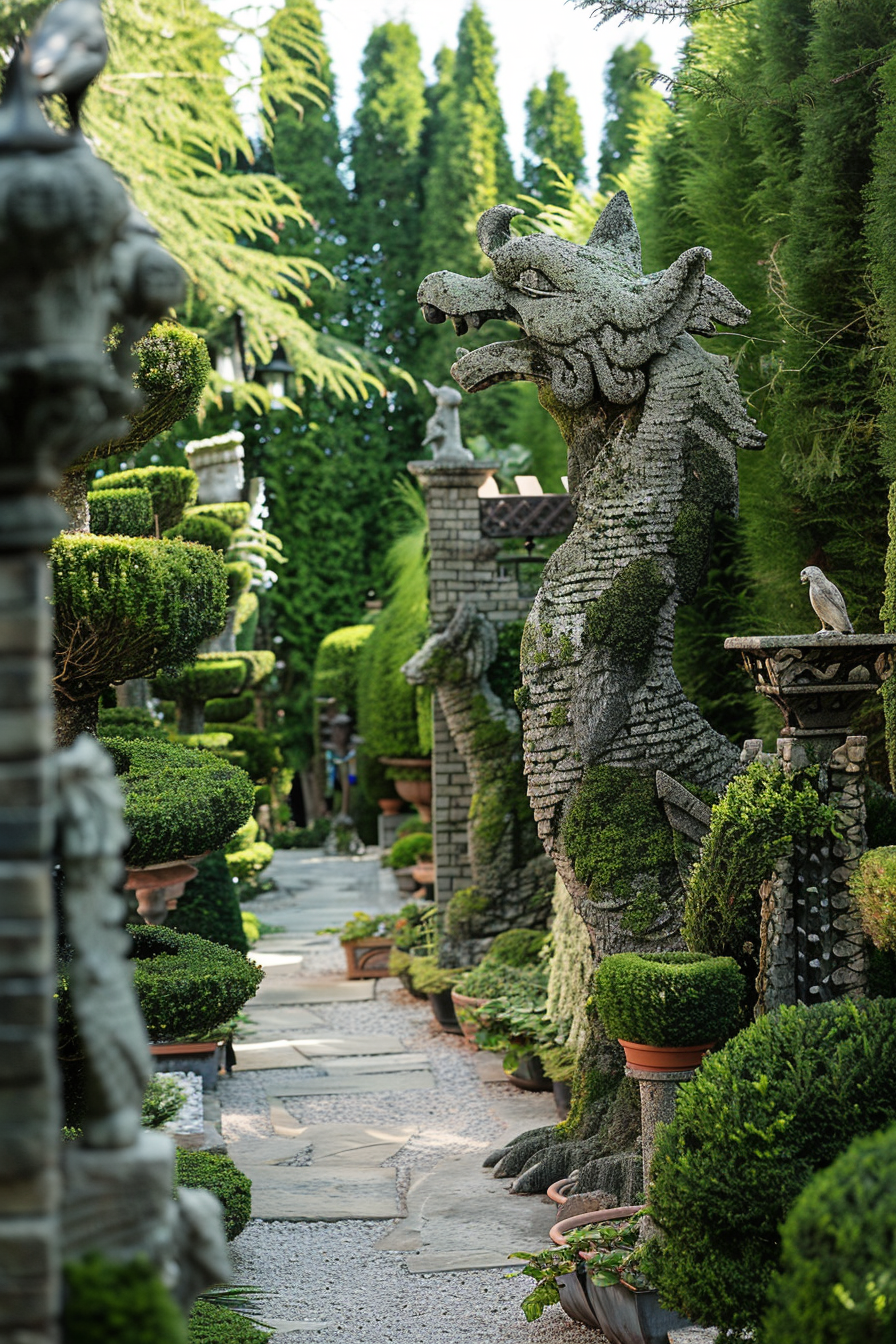 ALT: A garden pathway flanked by sculpted bushes and moss-covered dragon statues, with a bird perched on one side.