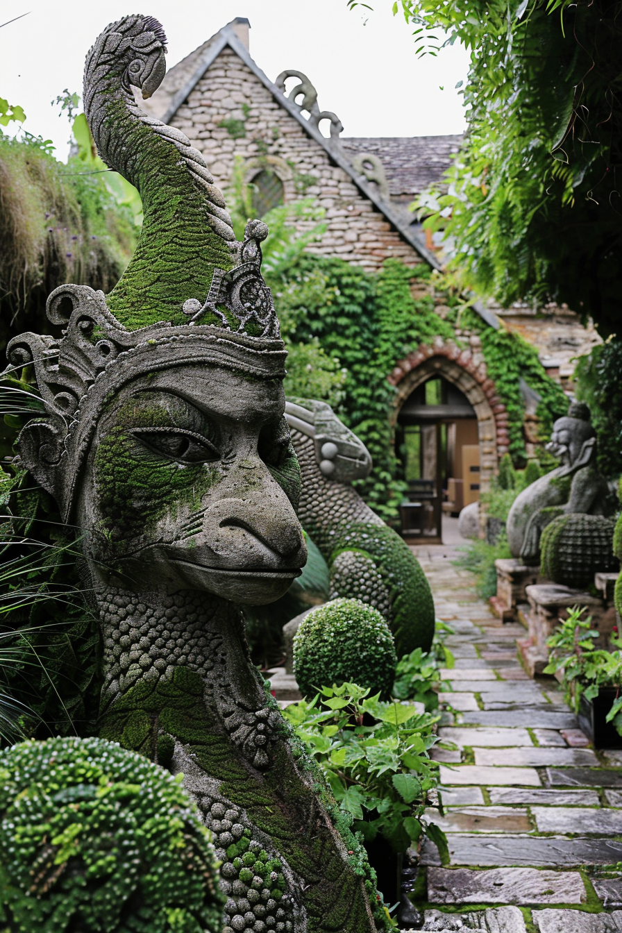 Stone sculptures with moss resembling mythical figures in a lush garden pathway with an arched stone entrance in the background.