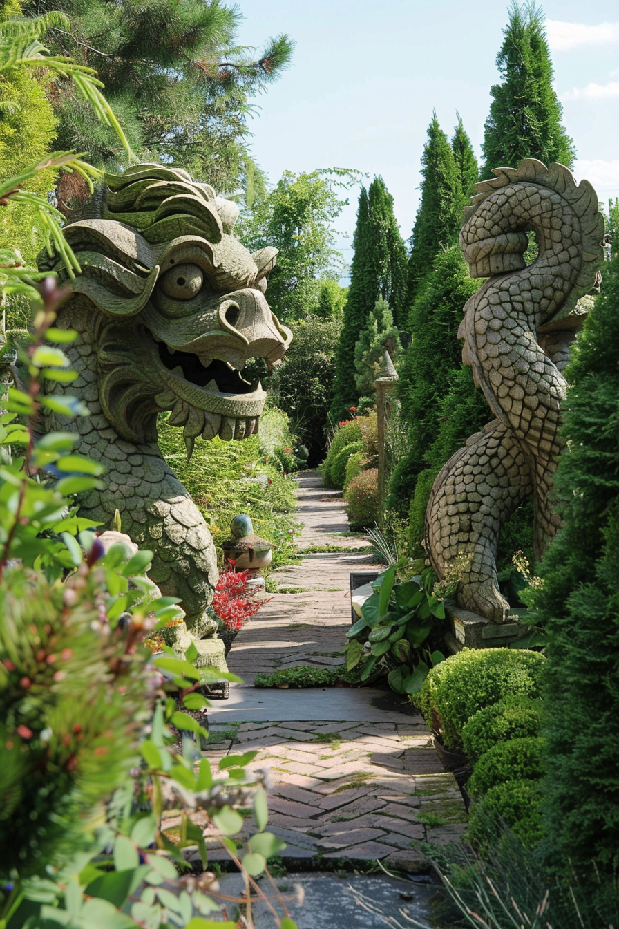 Stone dragon sculptures line a lush garden path surrounded by greenery under a clear blue sky.