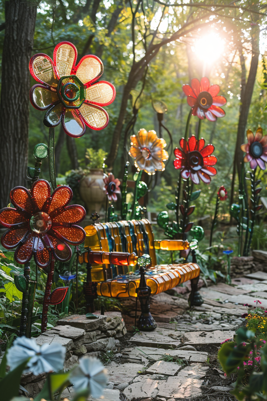 Colorful glass bottle art flowers and a bench in a sunlit garden with trees and a stone path.
