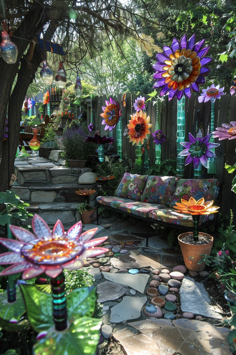 A whimsical garden path adorned with colorful glass flowers, mosaic tiles, and a bench under tree shade.