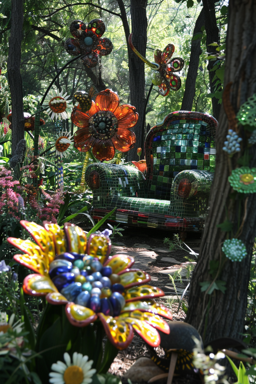 An enchanting garden with colorful, oversized mosaic sculptures of flowers and a car amidst lush greenery and trees.