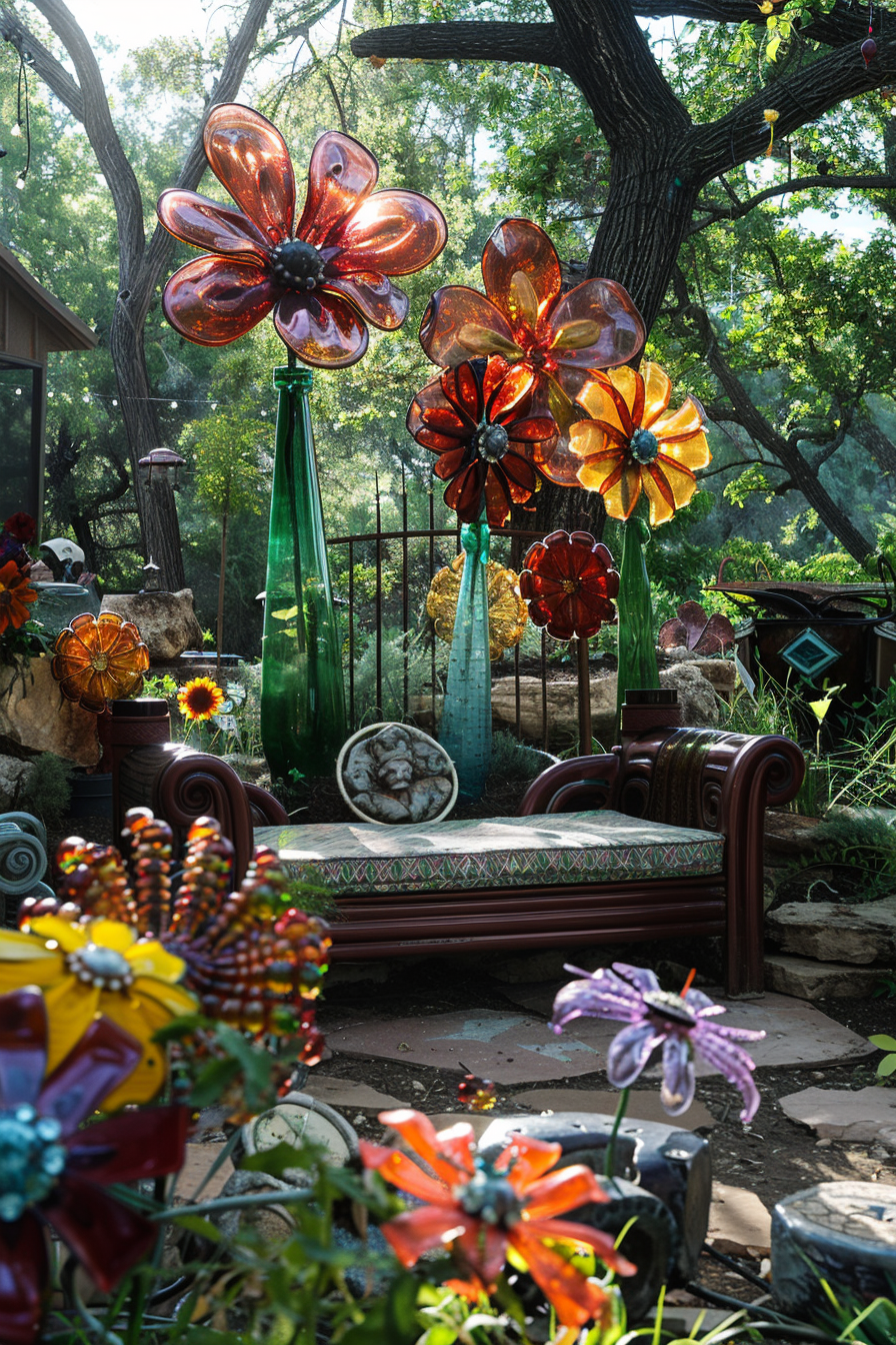 Colorful garden with whimsical glass flowers, green glass bottles, and a decorative bench under a tree.