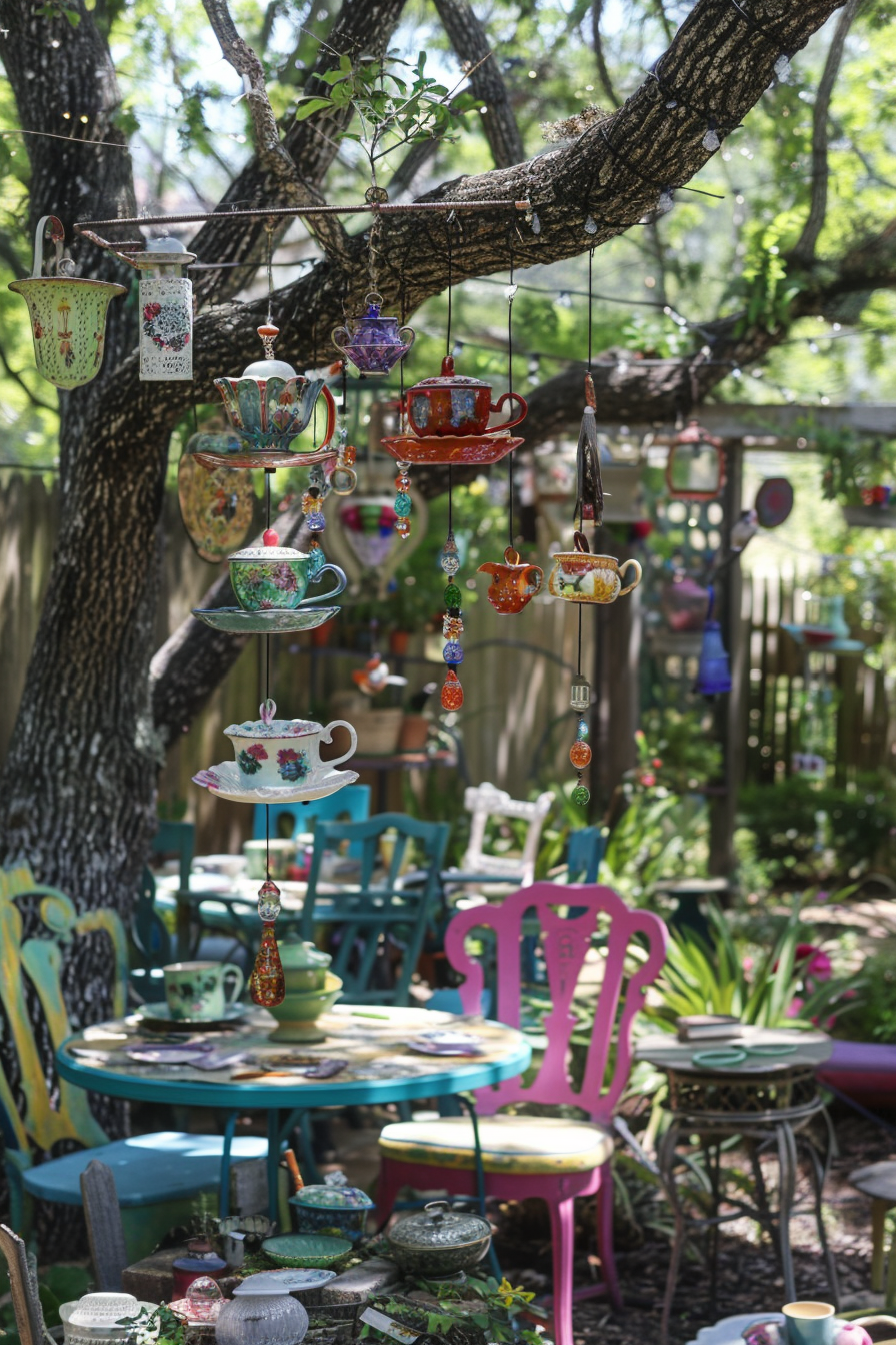 ALT Text: "Colorful teacups and teapots hang whimsically from tree branches above a vibrant garden with eclectic furniture."