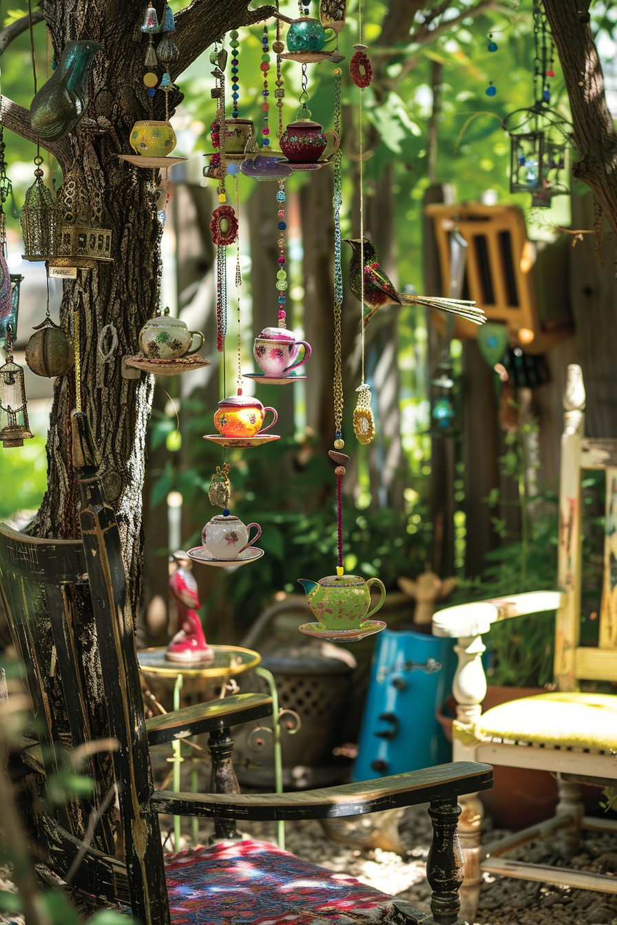ALT: A whimsical garden scene with colorful teacups and saucers hanging from tree branches, surrounded by greenery and eclectic furniture.