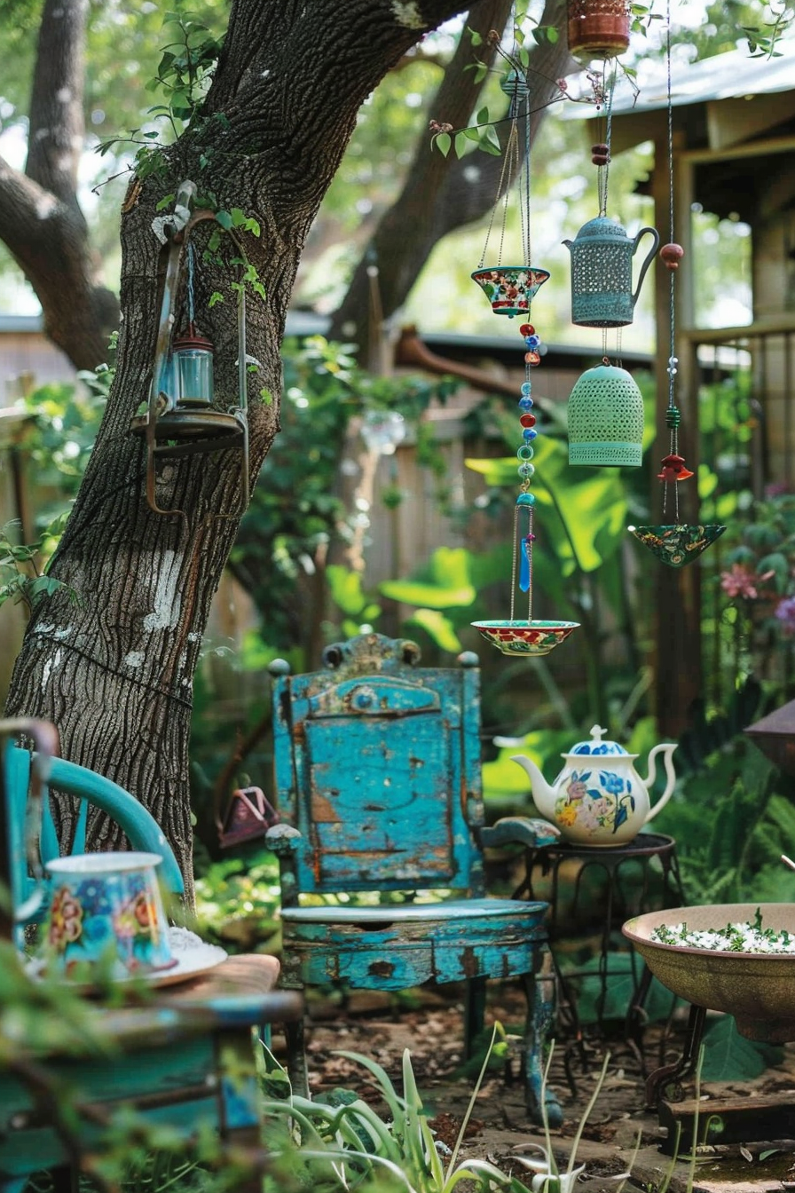 A quaint garden scene with a vintage blue chair, colorful hanging decor, and a teapot on a table, surrounded by lush greenery.