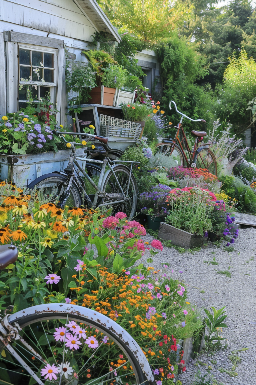 ALT: A quaint garden scene with blooms in vibrant colors, vintage bicycles, and rustic planters beside a weathered white cottage.