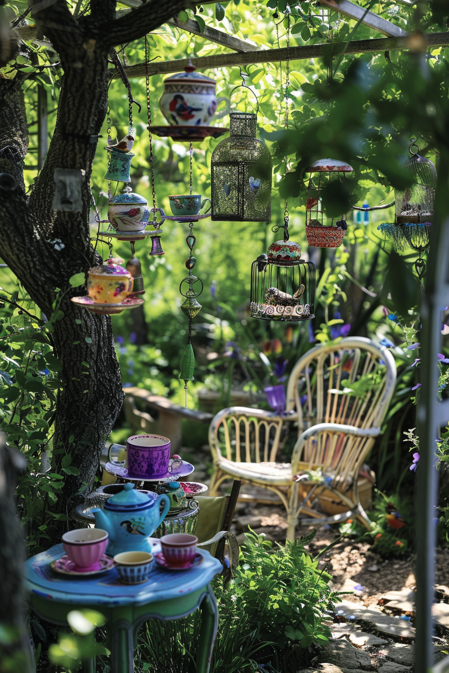 A whimsical garden with colorful teapots and cups hanging from trees and placed on tables, creating a fairy tale-like atmosphere.