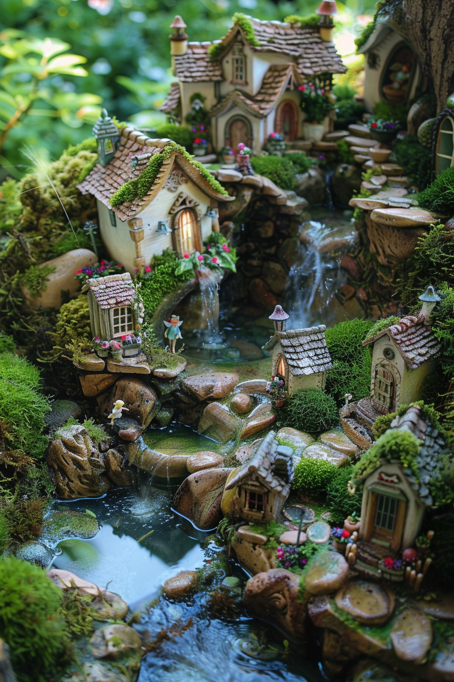 Miniature fairy tale village with detailed houses, a stream, and lush greenery surrounding the whimsical setting.