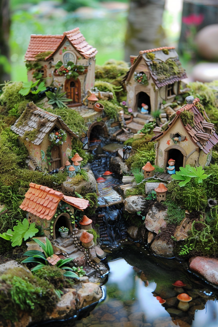 Miniature fairy village with moss-covered houses by a stream, featuring tiny bridges and whimsical details.