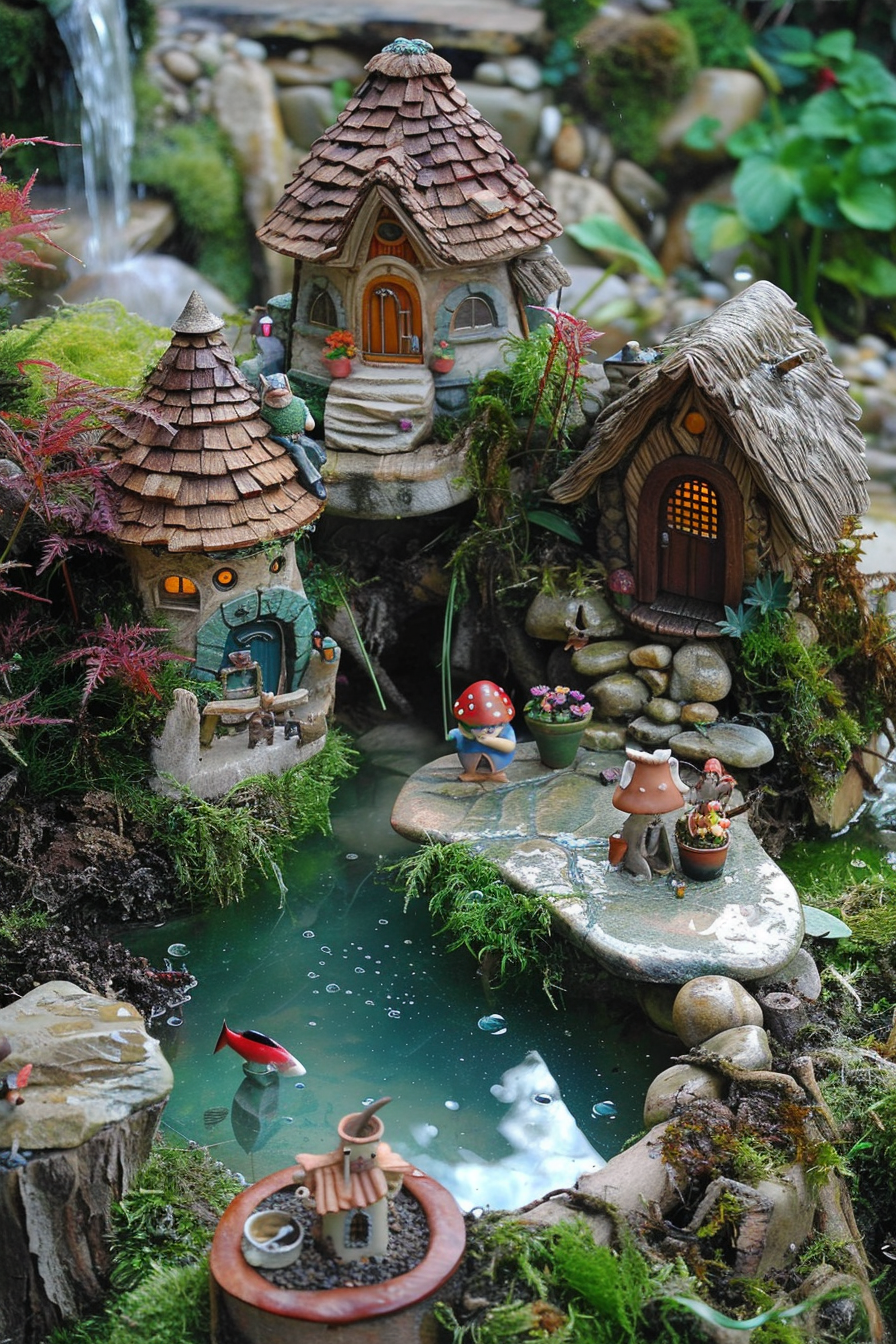 A whimsical fairy garden with miniature houses, a waterfall, figures, and a pond with a red fish.