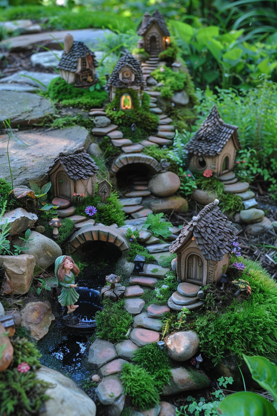 Enchanting fairy garden with whimsical houses, a pond, and a figurine, nestled among lush greenery and stones.