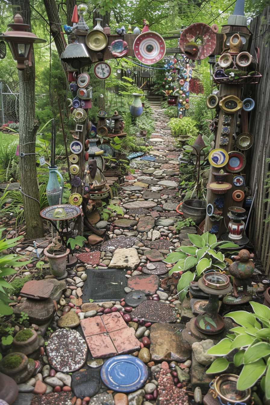 A whimsical garden path lined with colorful, eclectic items including pottery, plates, and sculptures amidst lush greenery.