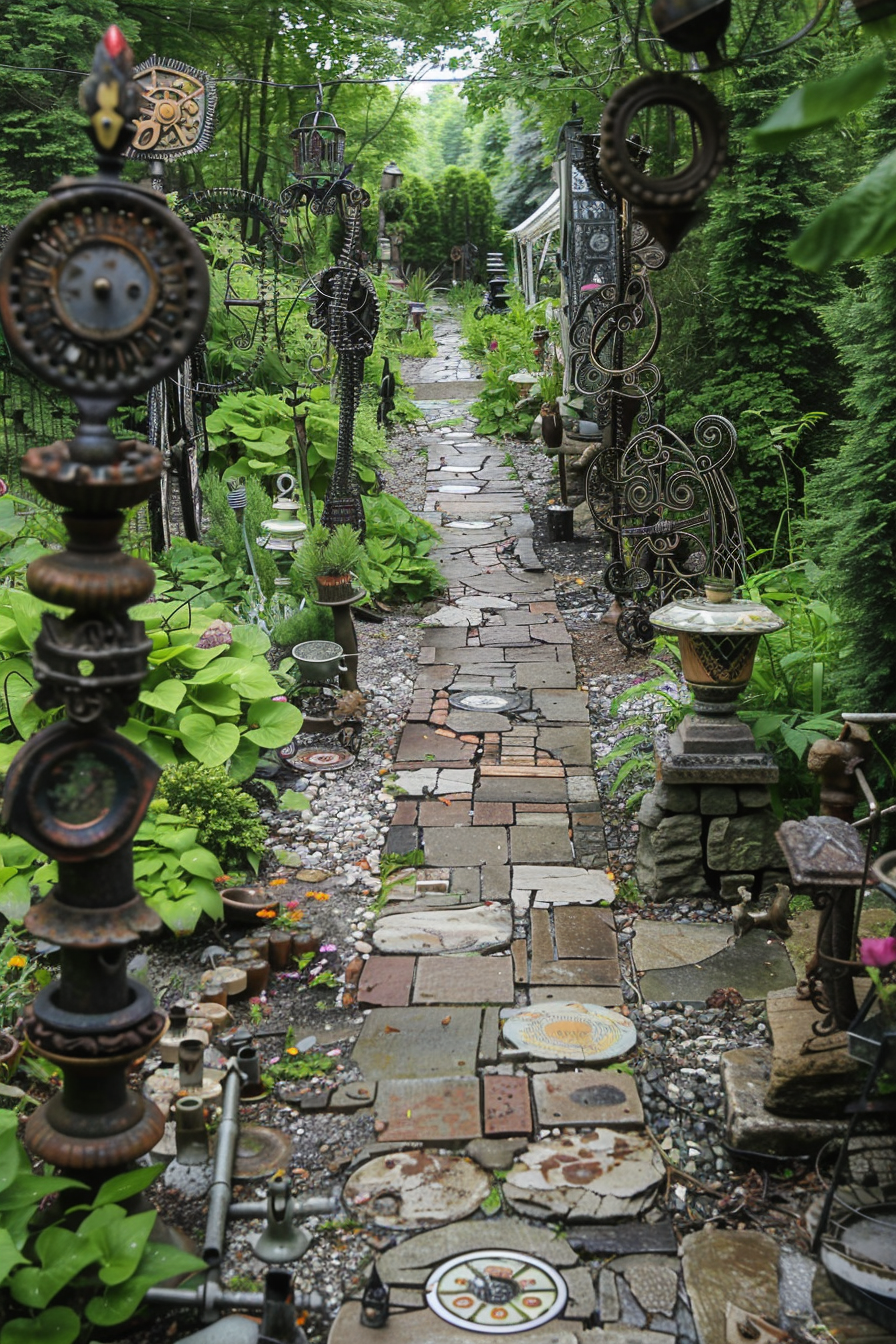 A whimsical garden path lined with eclectic metal sculptures, various ornaments, and interspersed with lush greenery.