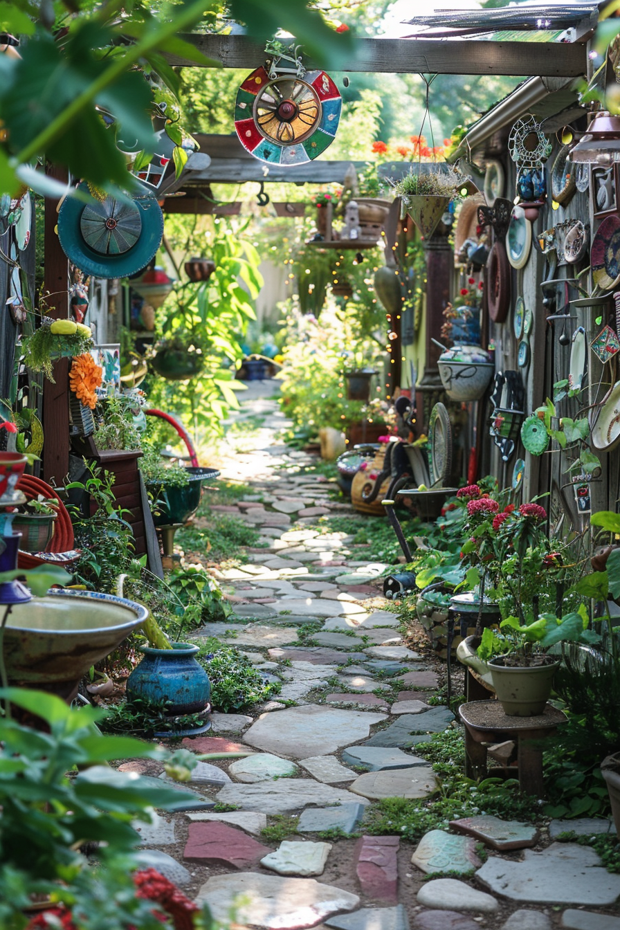 ALT: A narrow garden pathway lined with colorful eclectic decor, pots, plants, and hanging ornaments, leading through lush greenery.