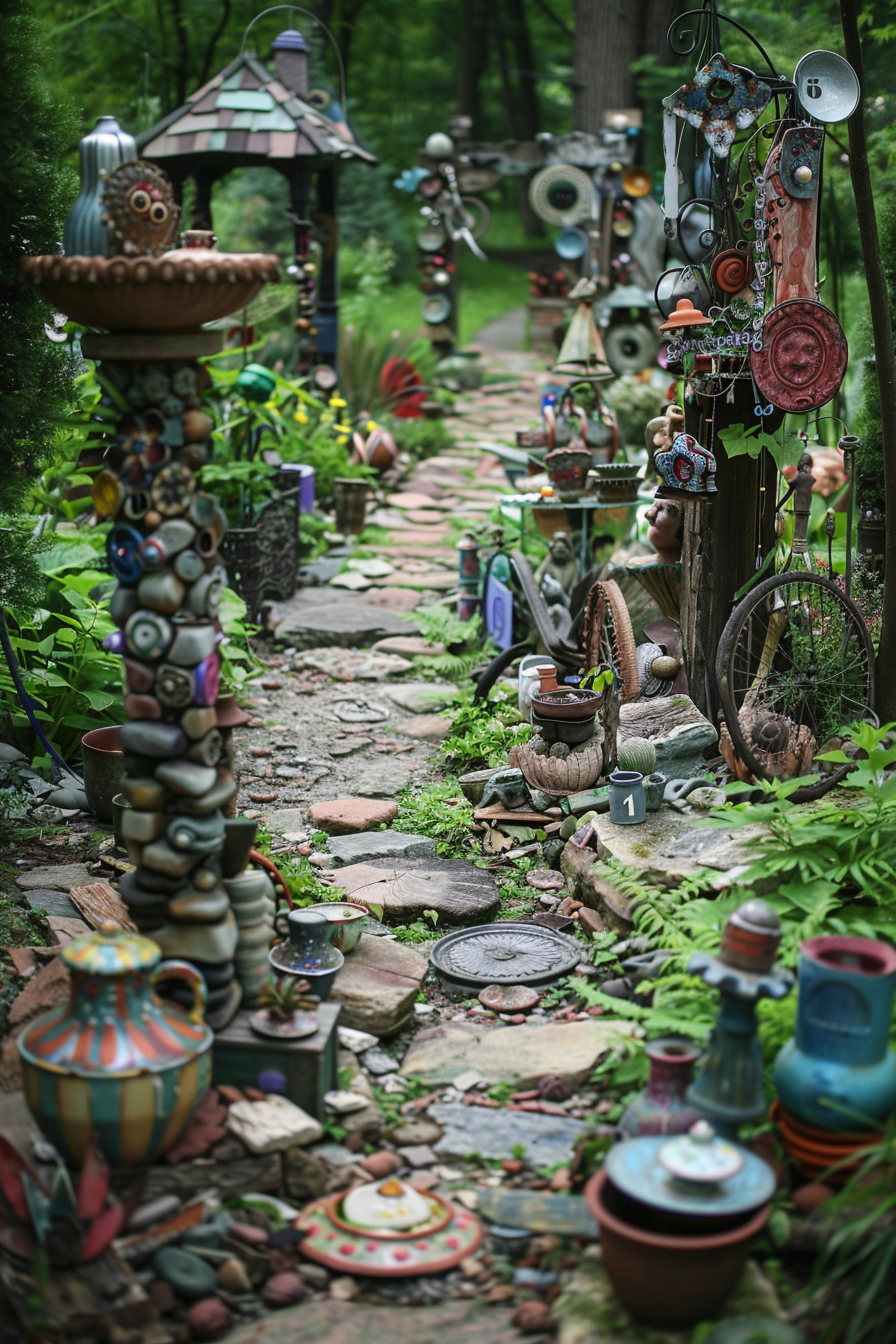"Quaint garden pathway lined with an eclectic assortment of colorful pottery, whimsical sculptures, and repurposed objects."