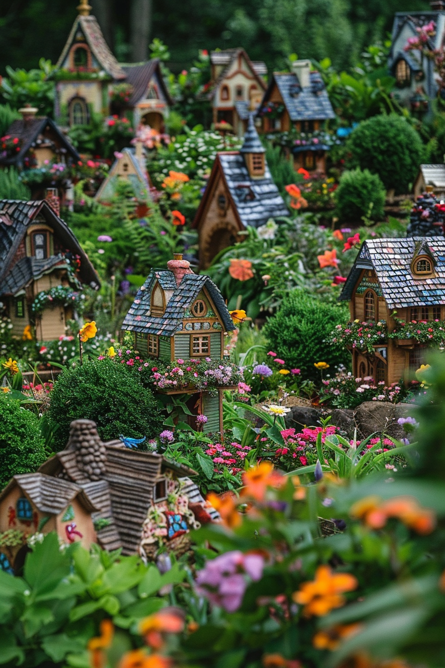 A whimsical display of detailed miniature houses amidst a colorful garden of assorted flowers and plants.