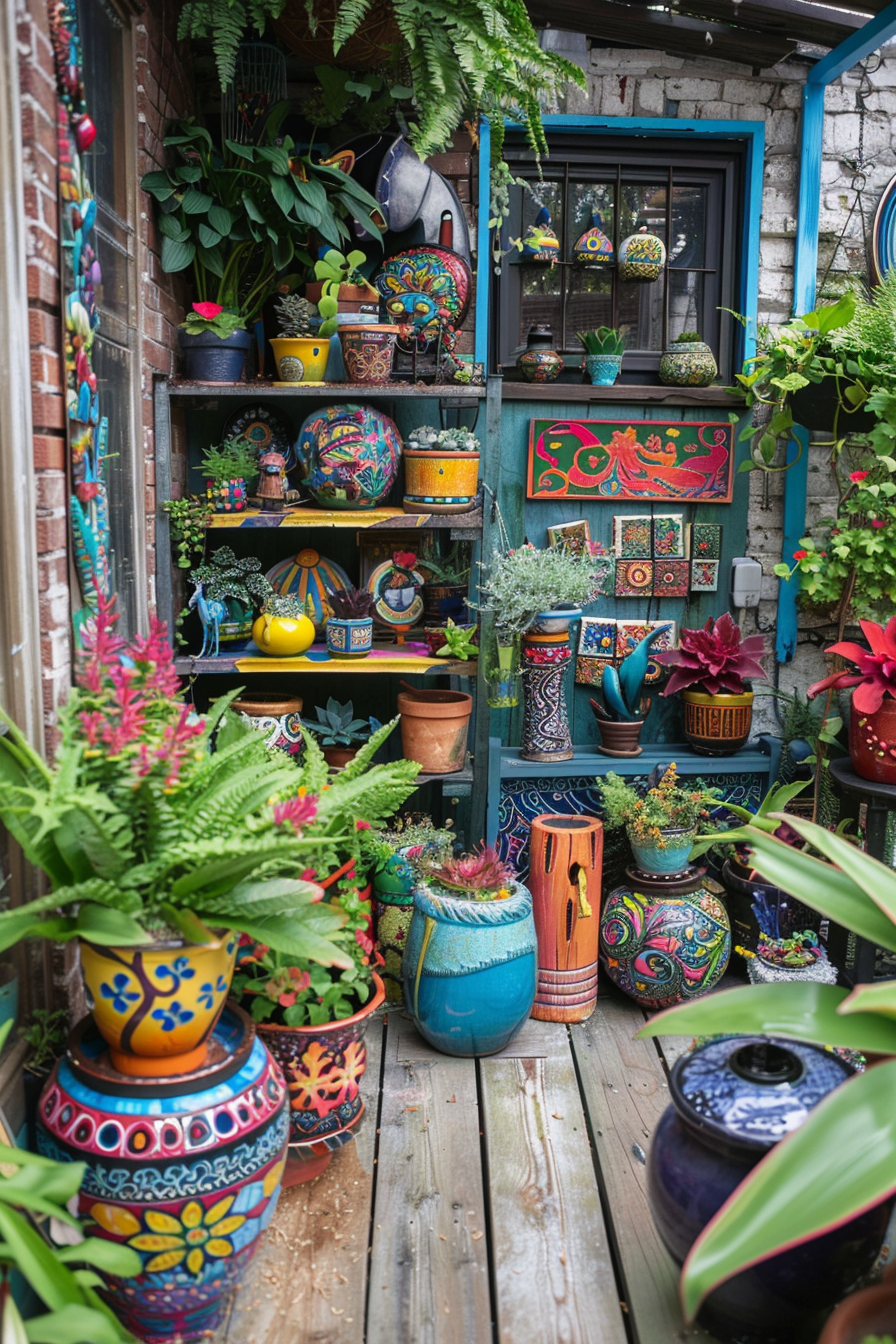 ALT: A cozy balcony adorned with a variety of vibrant hand-painted pots and an assortment of lush green plants.