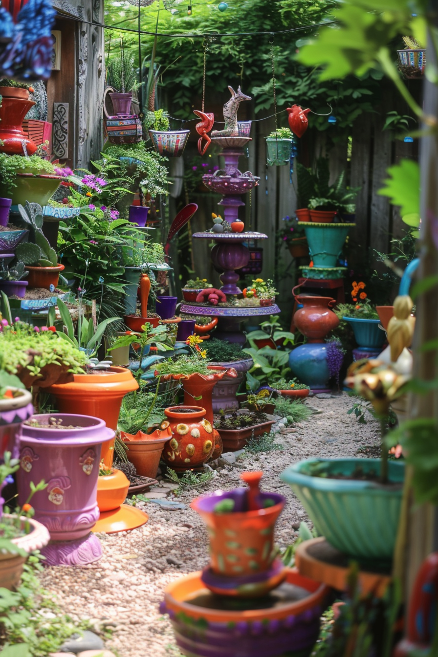 Colorful garden pathway lined with vibrant, painted pottery and lush plants, creating a whimsical outdoor atmosphere.