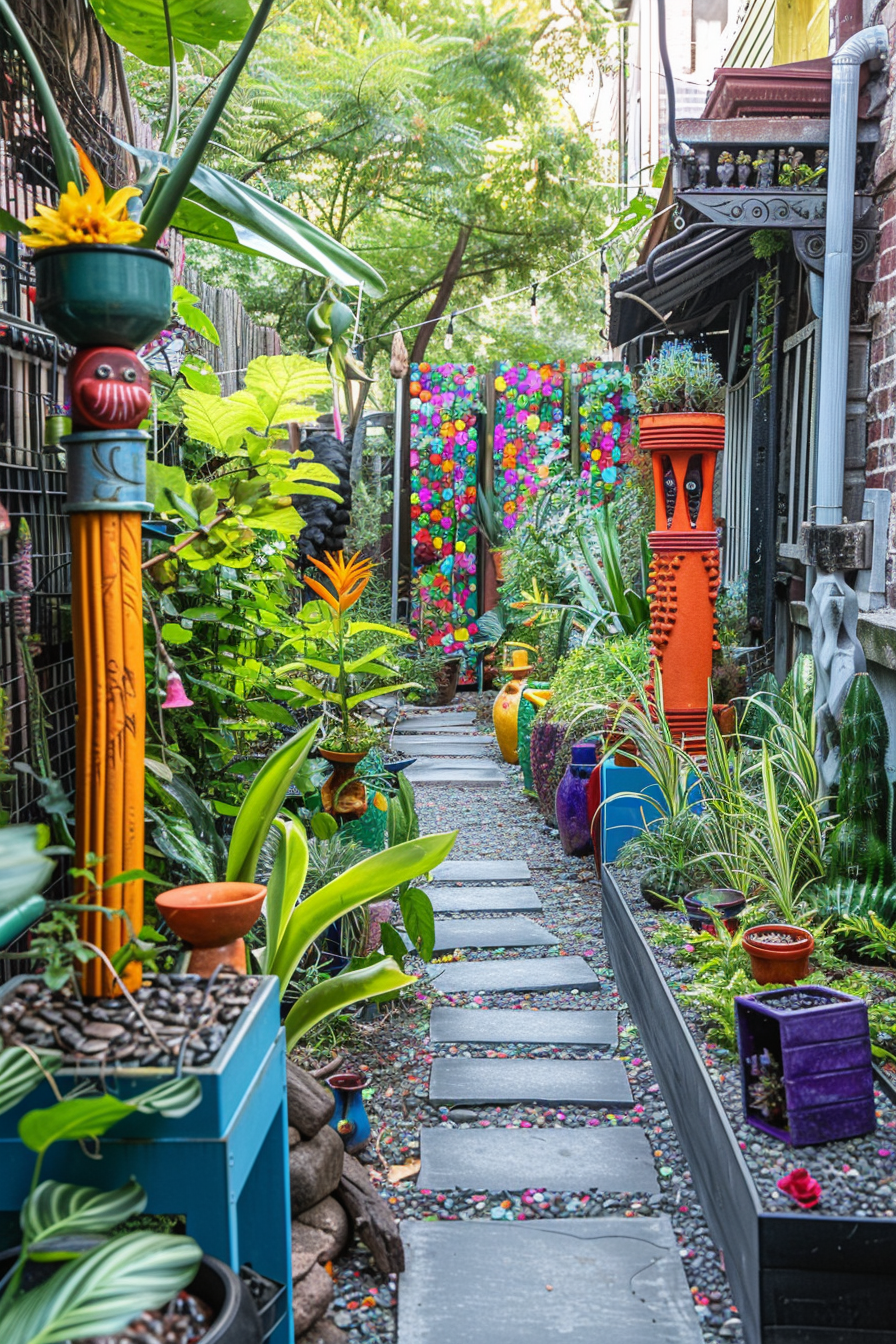 A vibrant alleyway garden with a stone path, colorful potted plants, and decorative items on both sides.