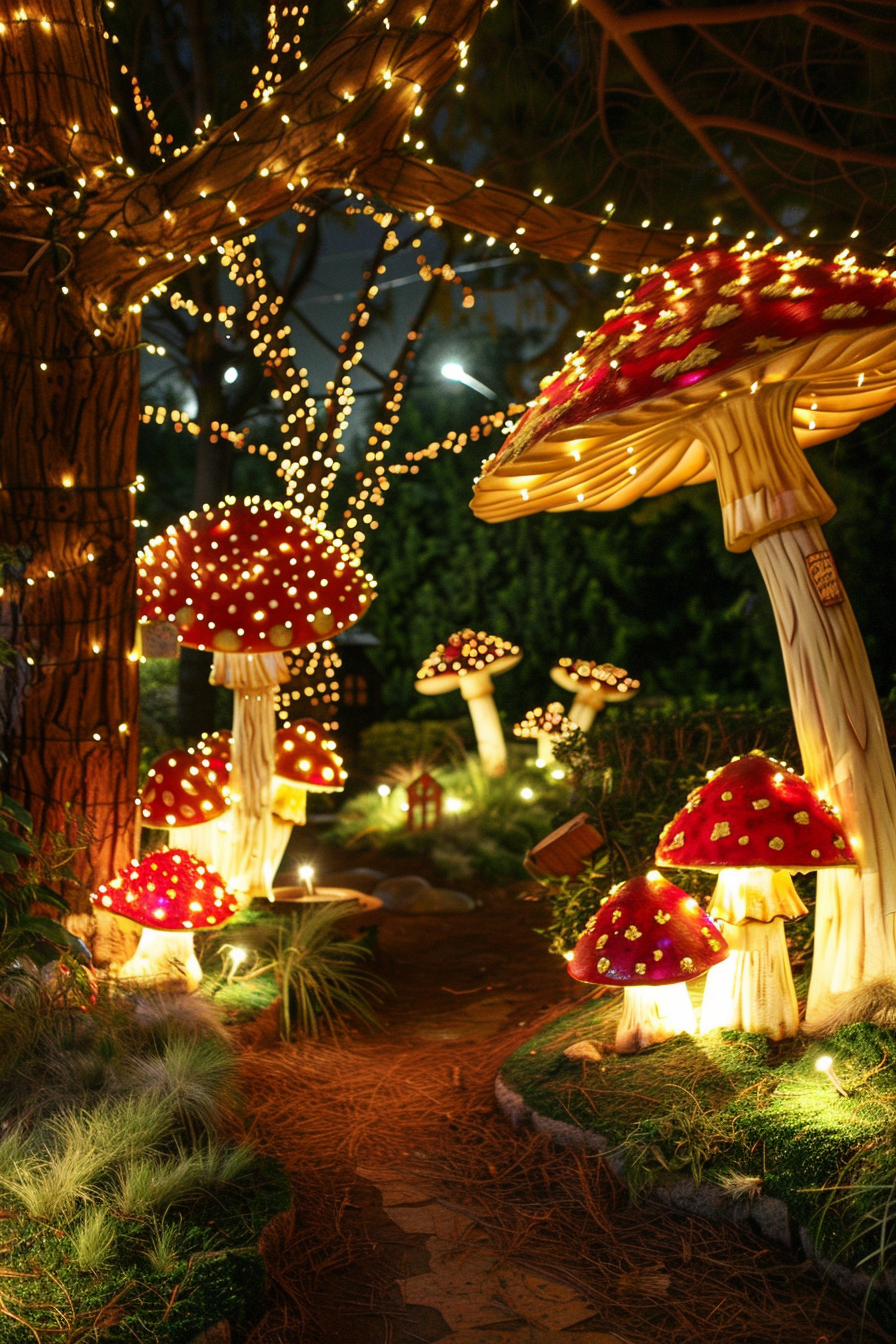 A magical night scene of a garden pathway lined with illuminated, whimsical mushroom-shaped lights and a tree wrapped in twinkling fairy lights.