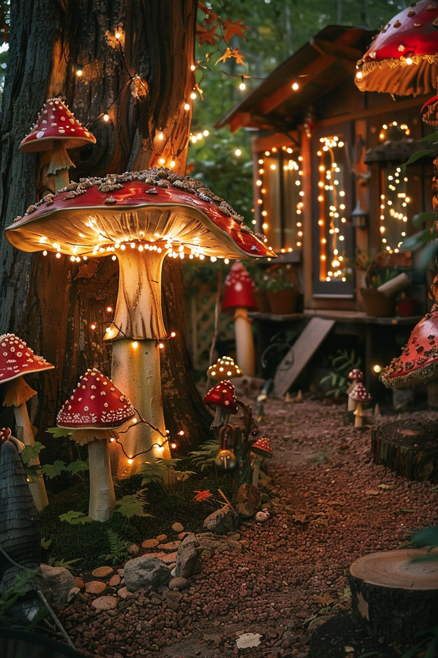 Enchanted garden path with illuminated oversized mushroom sculptures and fairy lights at dusk.