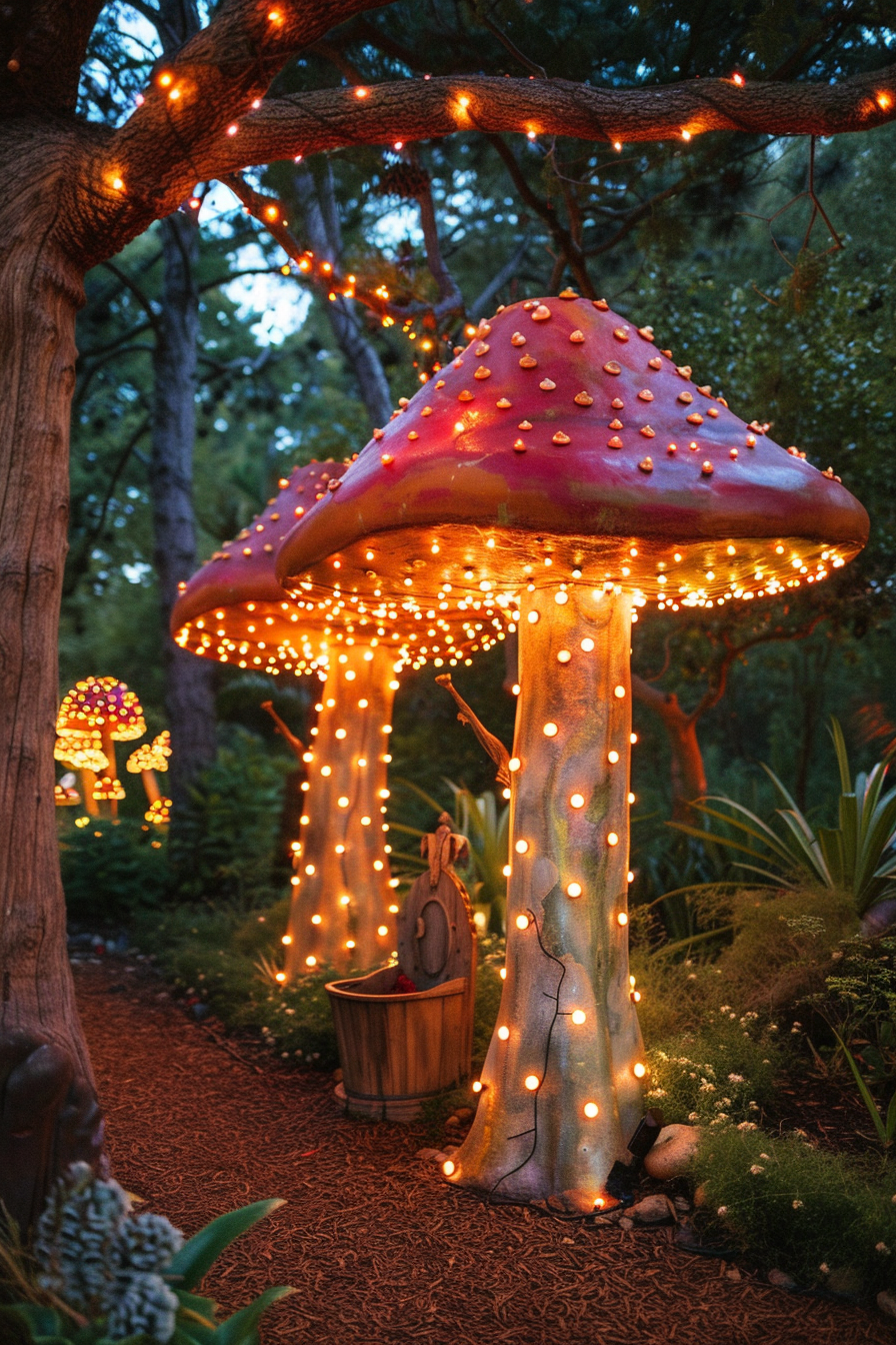 Illuminated oversized mushroom sculptures adorned with fairy lights in a twilight garden setting.